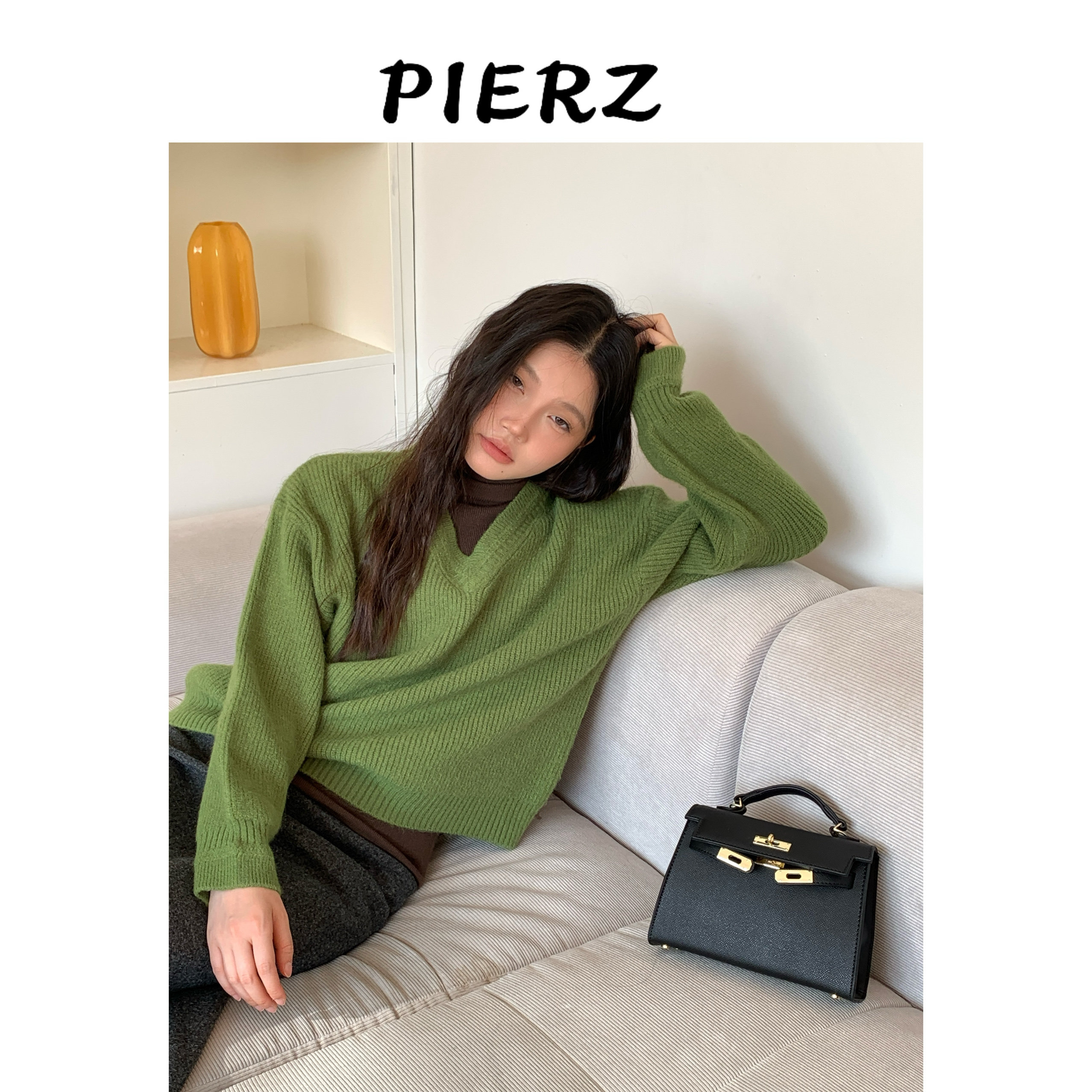pierz自制秋冬v领显瘦显白苔藓绿羊毛毛衣女宽松休闲套头毛衣