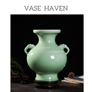 宋代美学超好看豆青双耳招财花瓶中式氛围感高端设计感小众装饰品