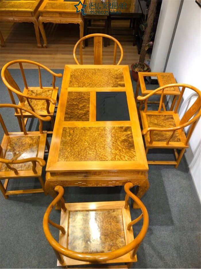 高端名贵金丝楠木家具黄金樟满瘤疤泡茶桌七件套168实木客厅方形