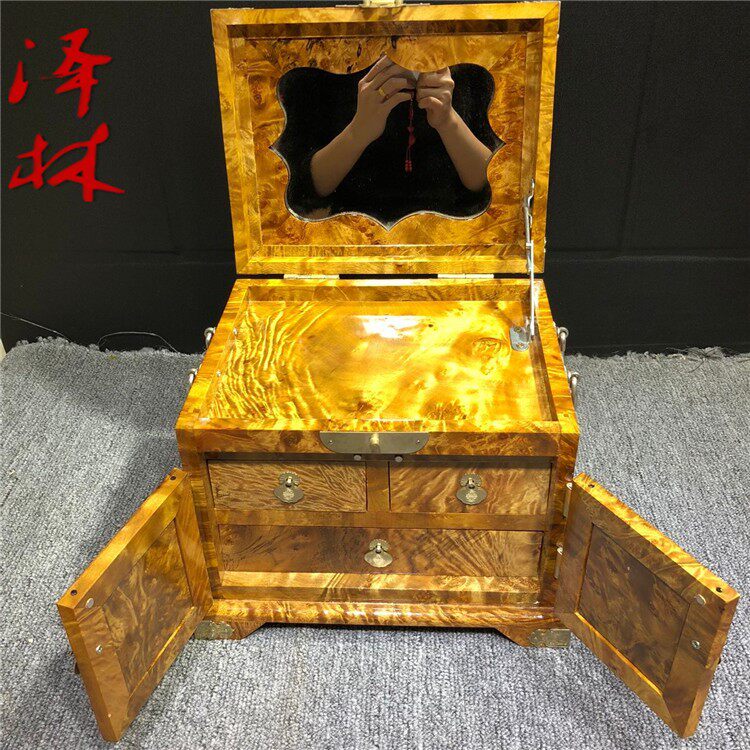 高端黄金樟珠宝箱八宝首饰盒收纳化妆盒实木手工艺品家居饰品摆件