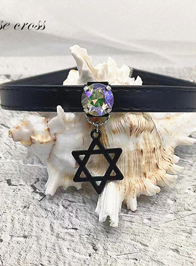 RC.暗黑系绿色闪钻六芒星皮革choker 哥特朋克黑色锁骨脖子颈链带