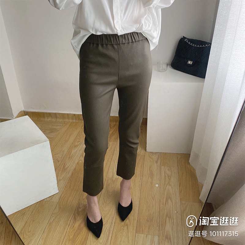 款时尚绵羊皮皮裤高腰直筒九分裤