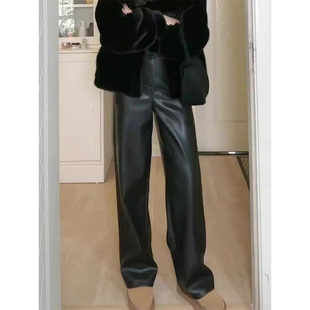 黑色真皮皮裤女冬季保暖高腰垂感高级感休闲裤直筒阔腿裤拖地长裤