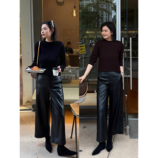 韩版时尚气质高级感绵羊皮皮裤皮气质显瘦九分阔腿休闲裤女冬季
