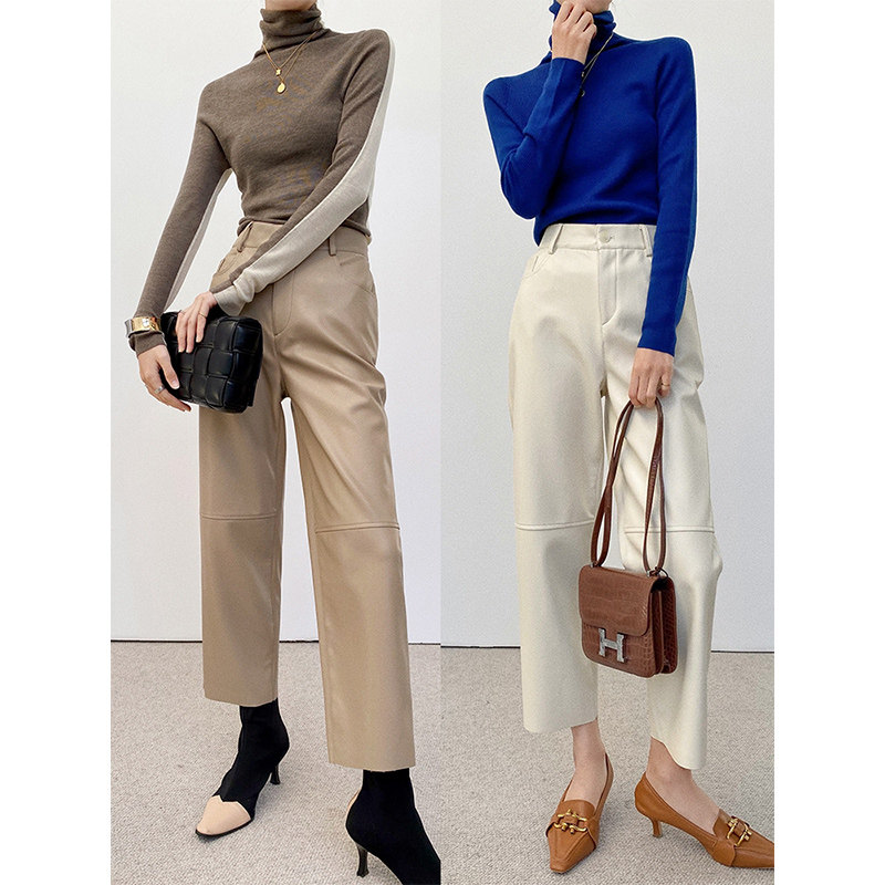 2025绵羊皮春季新款皮裤真皮皮裤女宽松直筒松紧腰百搭显瘦九分裤