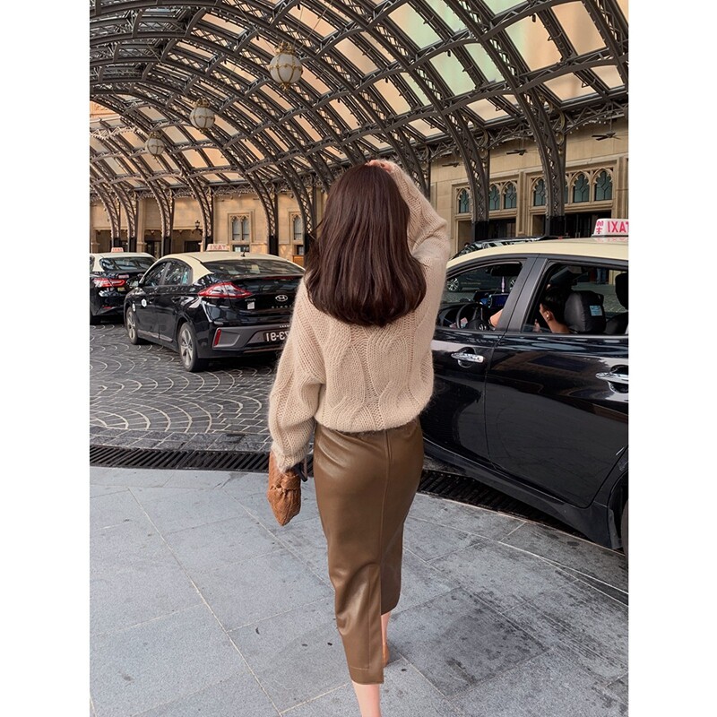 2025春夏新款绵羊皮皮裙真皮皮裙女a字裙高腰显瘦一步裙皮质长裙