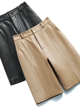 海宁真皮皮裤女秋季新款高腰韩版显瘦五分直通皮短裤纯绵羊皮中裤
