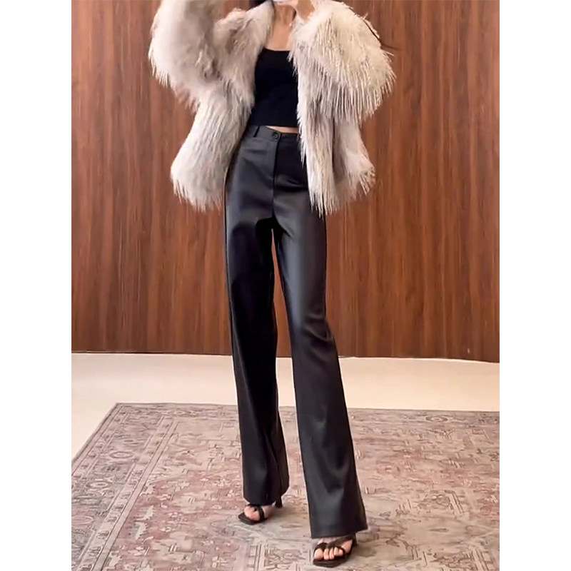 御姐风窄版阔腿皮裤直筒拖地裤