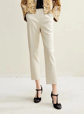 新款绵羊皮皮裤真皮皮裤春秋大码高腰小个子显瘦烟管工作职业西裤