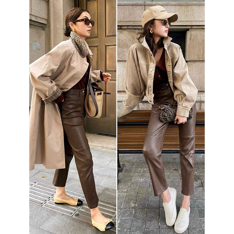 欧洲站宽松高腰韩版真皮皮裤