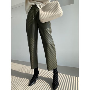 2025秋冬新款气质王绵羊皮皮裤真皮皮裤超模直腿直筒宽松九分裤潮