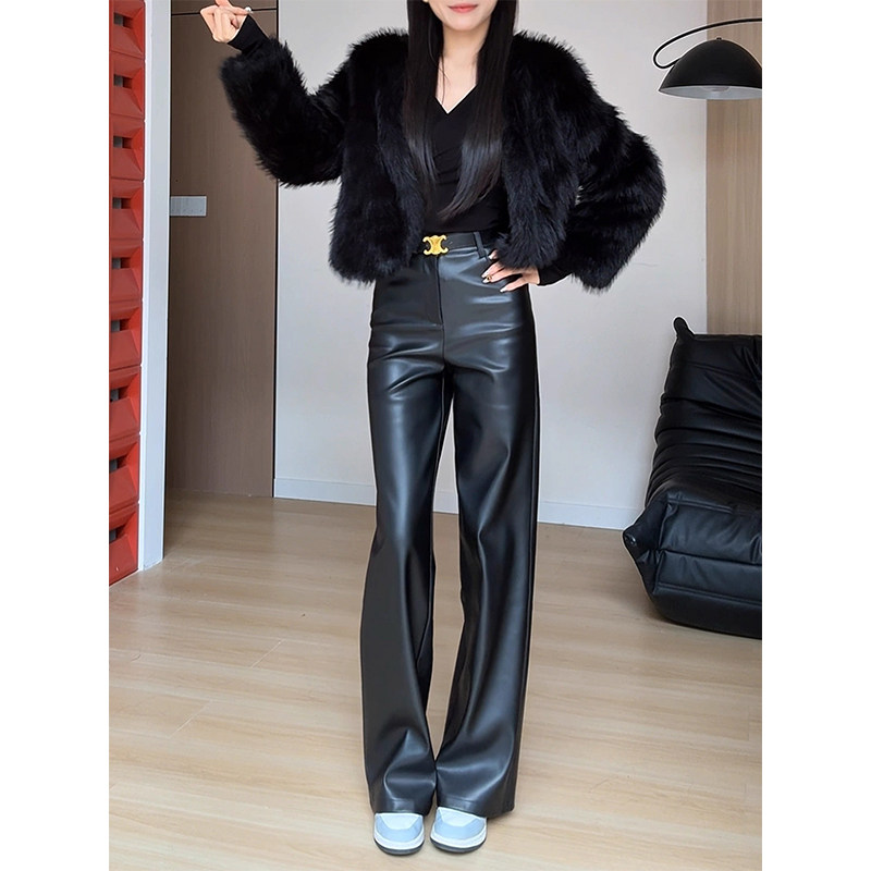 黑色质感窄版阔腿皮裤女2025冬季新款高腰宽松显瘦垂感真皮拖地裤,女装/女士精品,休闲裤,淘宝优惠券,粉丝福利购,淘宝优惠卷