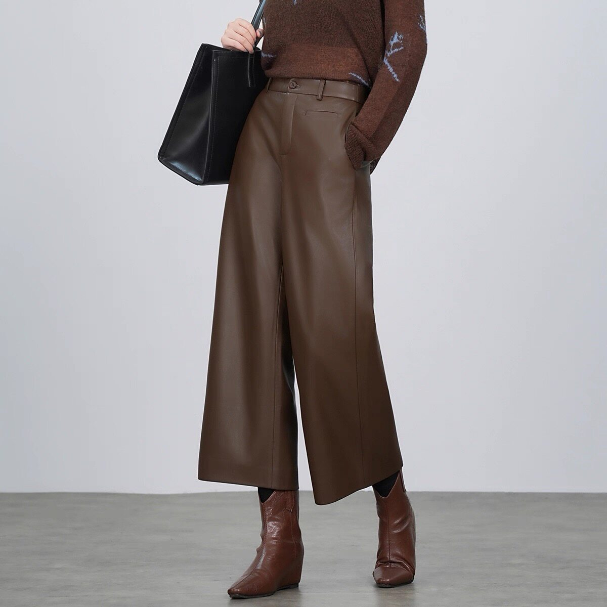时髦高腰直筒黑色真皮皮裤女2025新款秋冬加厚九分裤酷飒风阔腿裤