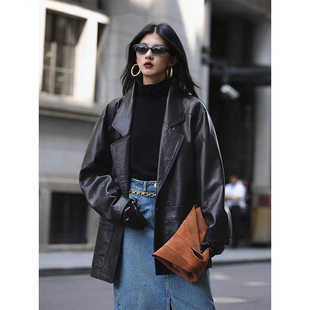 2025超火皮衣高端真皮羊皮小个子黑色酷飒气质西装皮衣风衣外套女