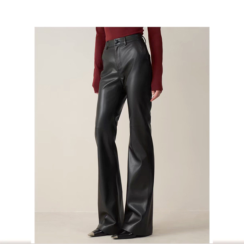 高腰显瘦真皮皮裤2025冬新款时髦修身微喇女通勤风休闲喇叭长裤
