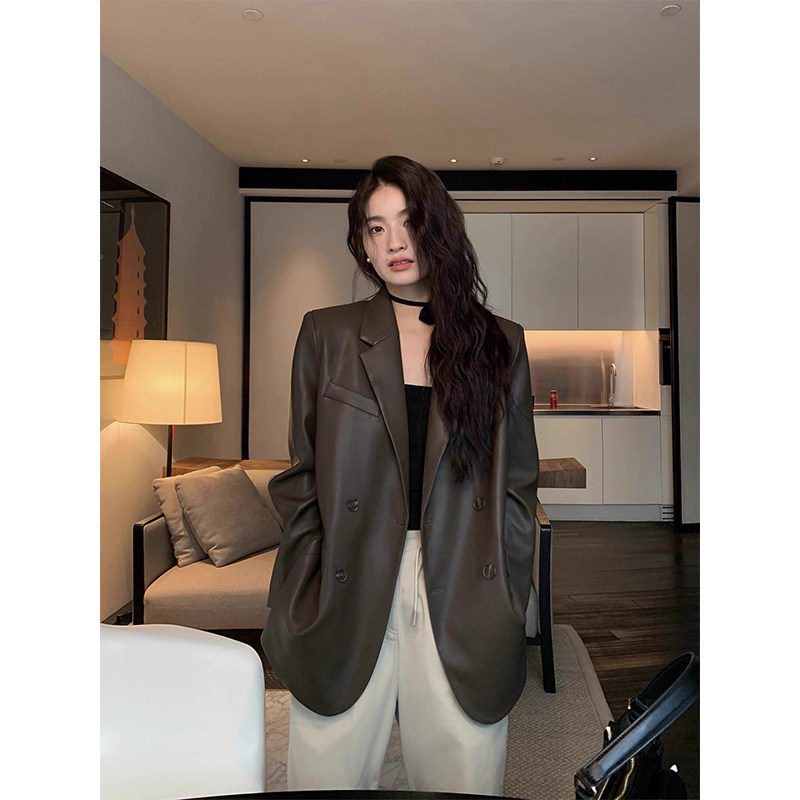 复古西装皮衣外套女冬季2026新款宽松休闲气质高级感真皮夹克上衣