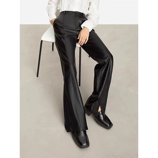 欧洲站2025秋冬新款真皮皮裤绵羊皮皮裤简约宽松拖死直筒开叉皮裤