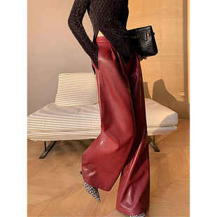 2025冬季新款纯色复古时髦绵羊皮真皮皮裤高腰直筒拖地阔腿长裤女