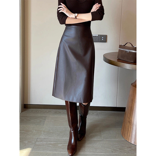 棕色高腰真皮皮裙半身裙女冬季2025新高级感时尚a字通勤中长裙潮