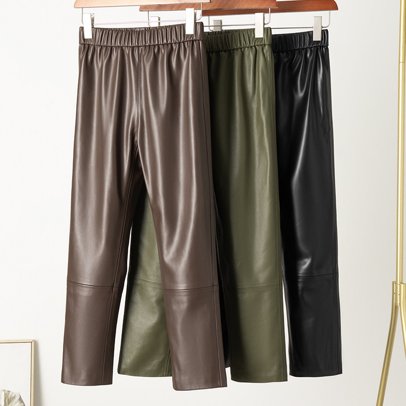 海宁ins2025新款绵羊皮皮裤真皮皮裤松紧高腰显瘦九分直筒休闲裤