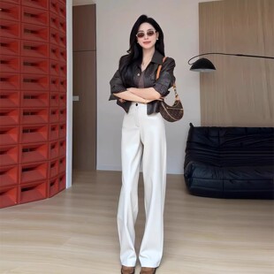 白色简约时尚真皮直筒长裤轻熟风高级感气质拖地皮裤女秋冬新款