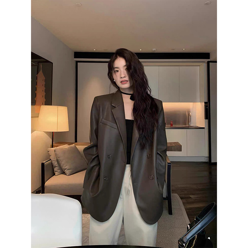 复古西装皮衣外套女冬季2025新款宽松休闲气质高级感真皮夹克上衣