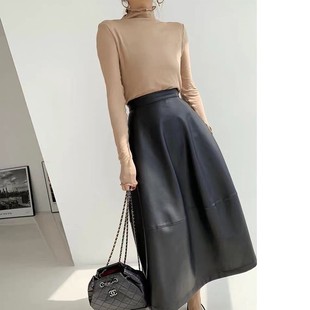 欧洲站秋季新款绵羊皮皮裙真皮皮裙花苞半身裙遮胯显瘦高腰a字裙