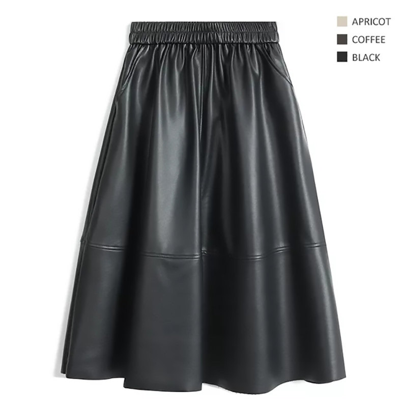 欧洲站秋冬绵羊皮皮裙真皮皮裙口袋松紧腰A字半身裙气质大摆伞裙
