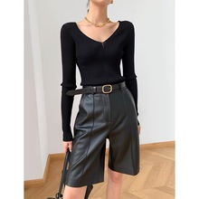 秋冬款新款阔腿绵羊皮真皮皮裤女中高腰直筒显瘦皮裤休闲五分裤潮