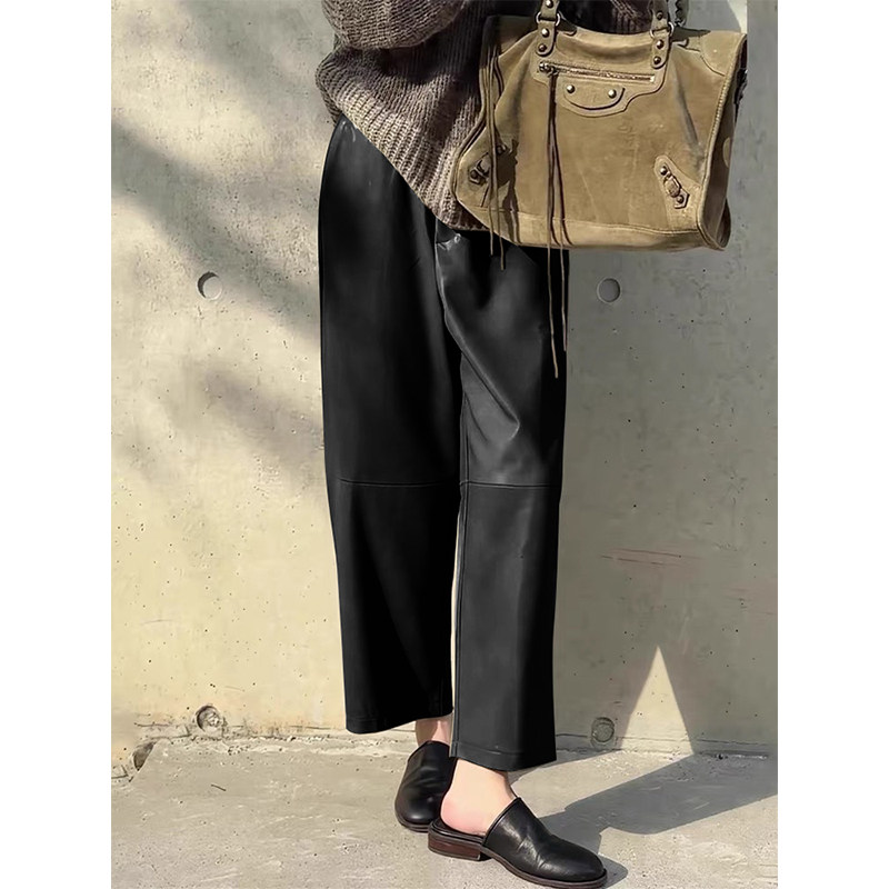 时髦松弛感2026秋冬季宽松高腰显瘦百搭灰绿色九分加厚阔腿皮裤女,女装/女士精品,休闲裤,淘宝优惠券,粉丝福利购,淘宝优惠卷