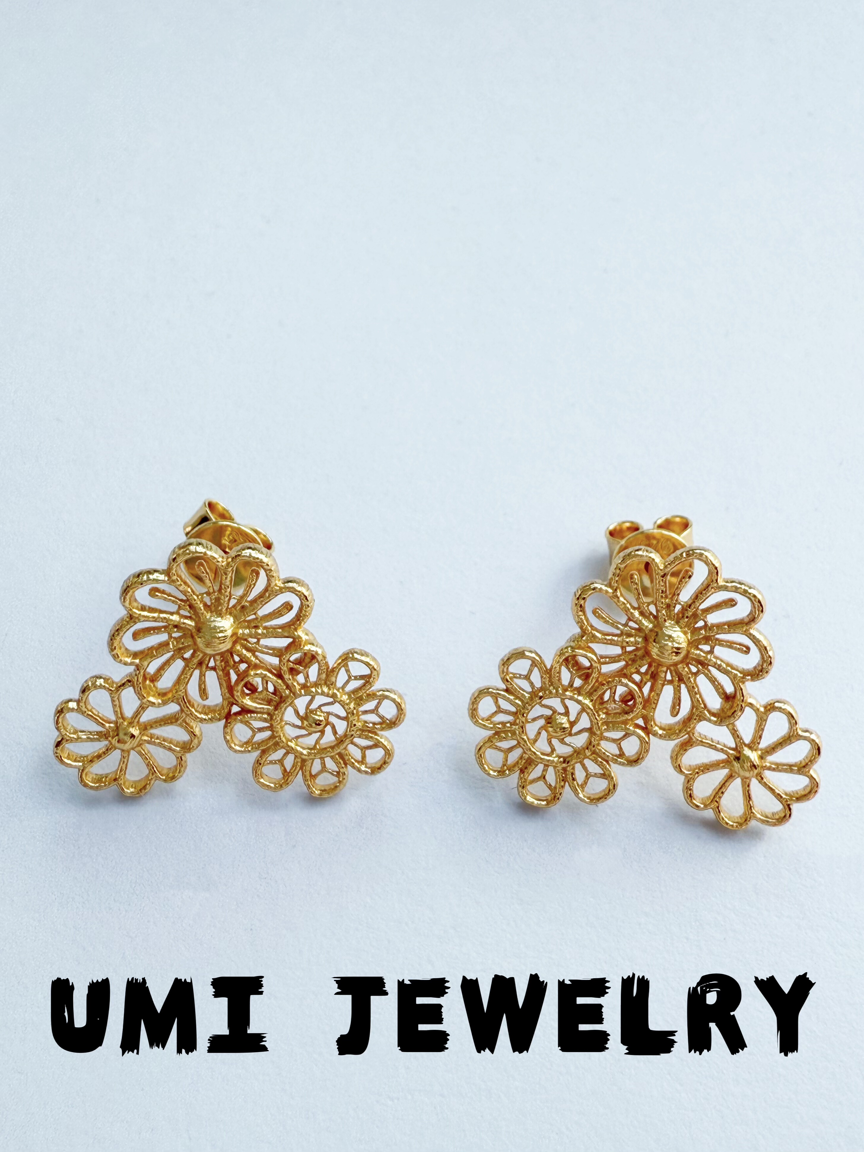 UMI【大风车】S925银镀k金镂空花片拉丝纯银高级小众轻奢耳钉复古
