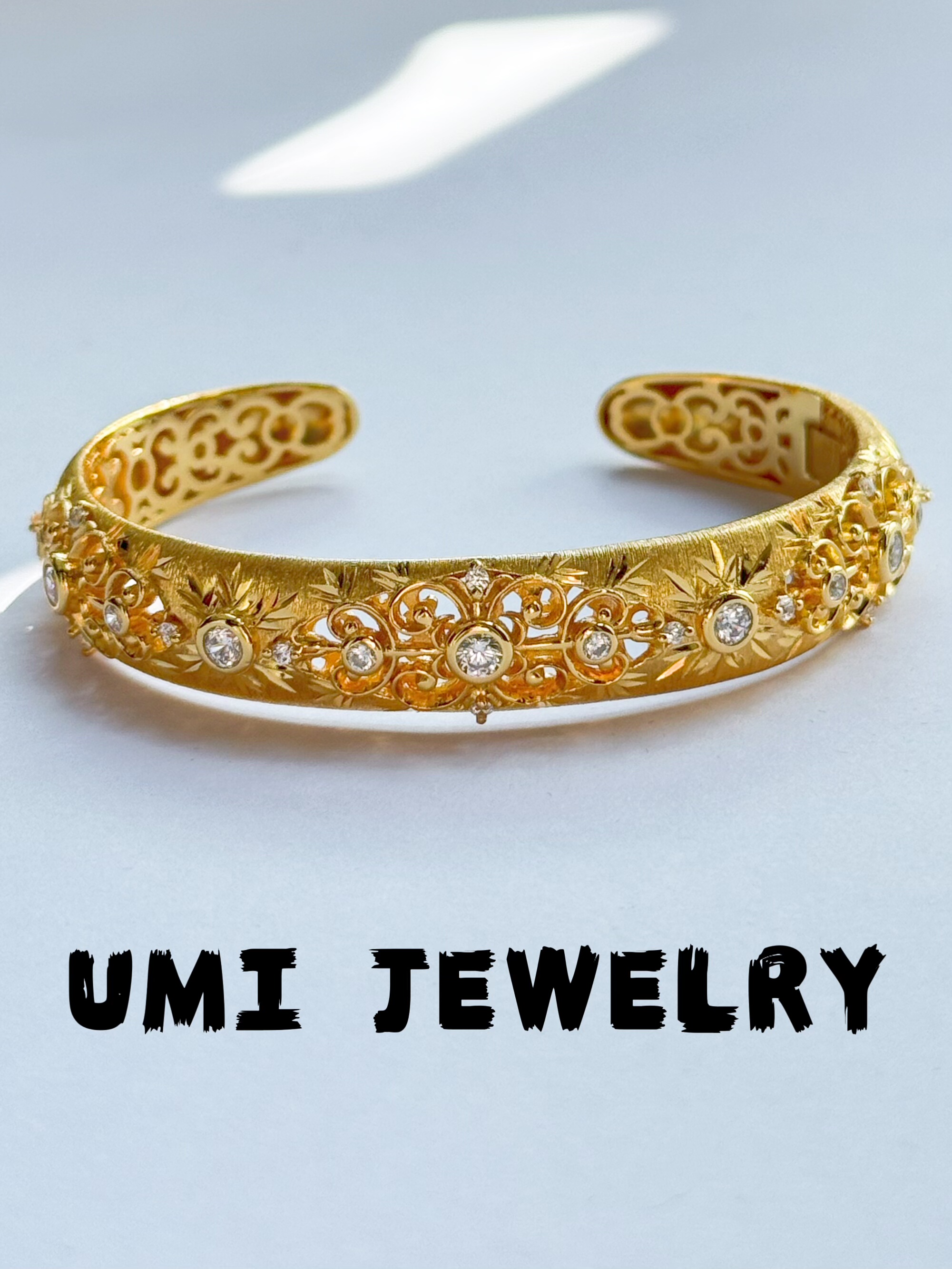 UMI【星泽】S925银镀k金拉丝重工复古精致高级感高定镂空纯银手镯