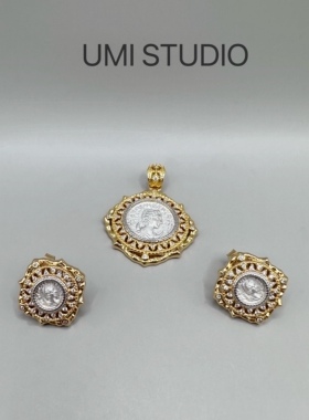 UMI家·轻珠宝/S925银镀真金·塞维纳皇后哑银古币万能扣吊坠耳钉