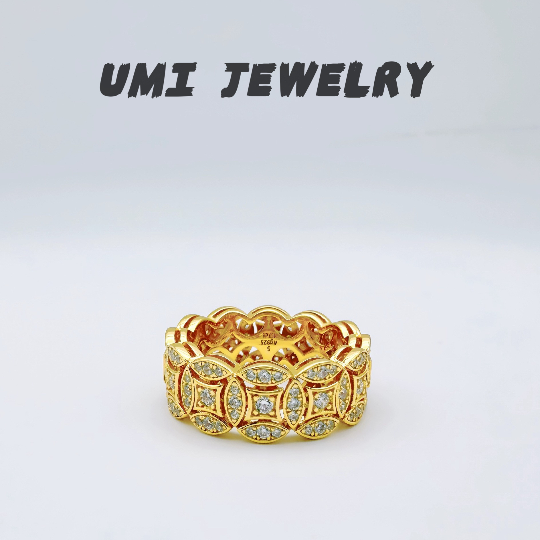 UMI家·轻珠宝/S925银镀k金八方来财满圈钱币镶钻戒指高级感礼物