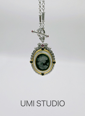 UMI家·轻珠宝/S925银镀k金·卡梅奥白母贝玛瑙双面可配戴OT项链