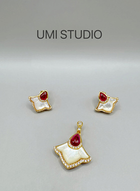 UMI家·轻珠宝/S925银镀金·天然母贝枫叶红宝石吊坠耳钉高级轻奢