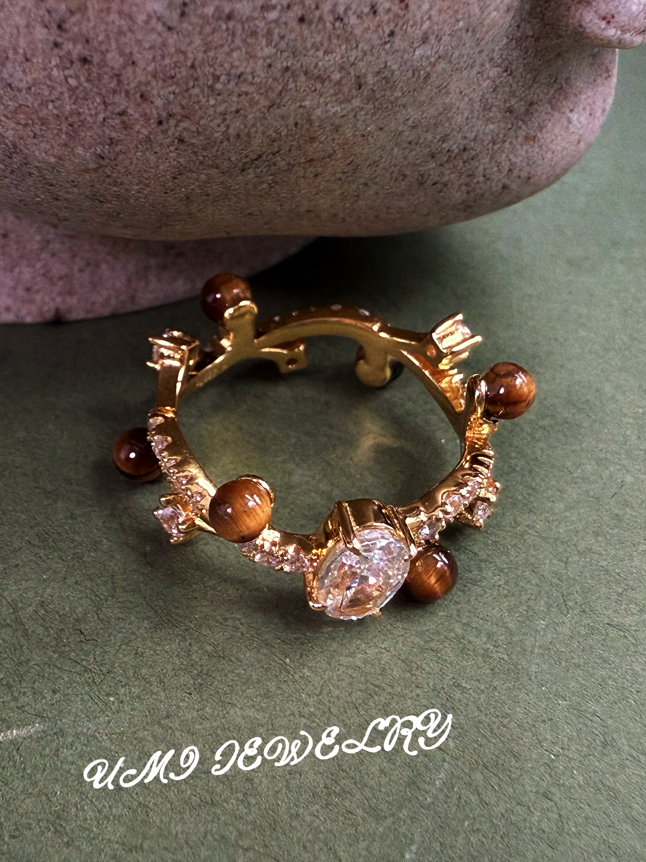 UMI【藏光】S925银镀k金虎眼镶钻硕果小众复古高级感轻奢时尚女戒