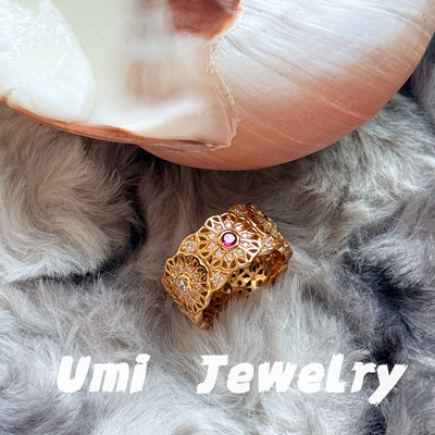 UMI家·轻珠宝/S925银镀k金·新中式国风潮镂空红宝玫瑰花窗戒指