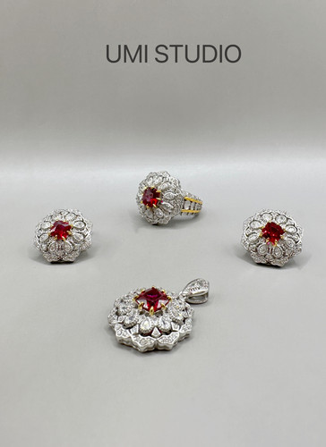 UMI家·轻珠宝/S925银镀真金鸽血红宝石戒指项链耳钉组合vintage