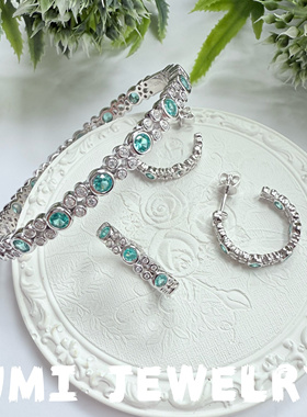 UMI家·轻珠宝/S925银镀k金帕拉伊巴色排钻戒指耳环手镯套组高级