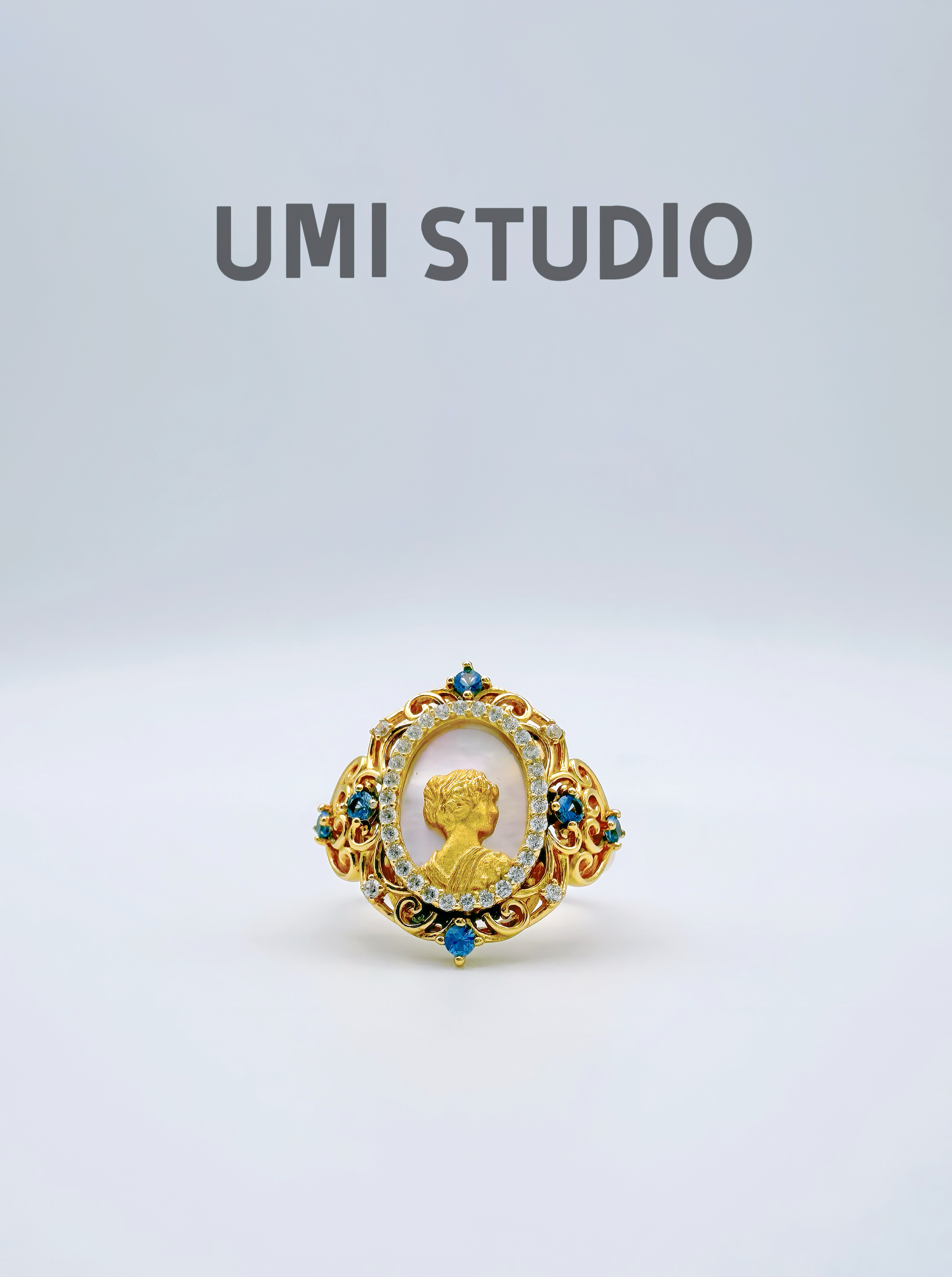 UMI家·轻珠宝/S925银镀k金·复古宫廷母贝蓝宝戒指vintage高级感