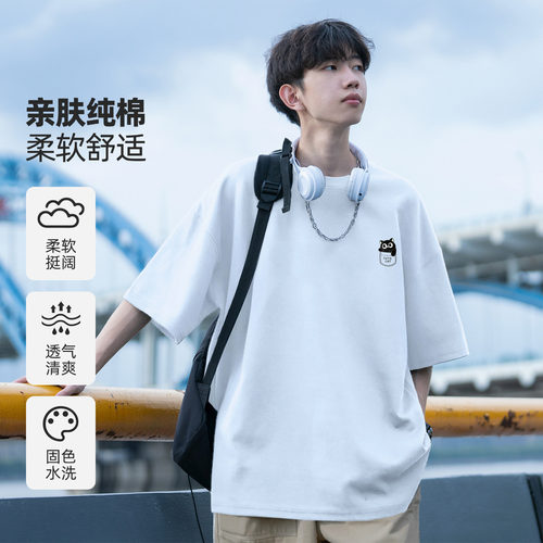 WASSUP BROWN口袋猫T恤短袖男款2026夏季纯棉宽松休闲百搭半袖