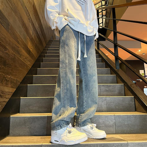 WASSUP BROWN美式水洗蓝色牛仔裤男士夏季宽松复古直筒阔腿休闲裤