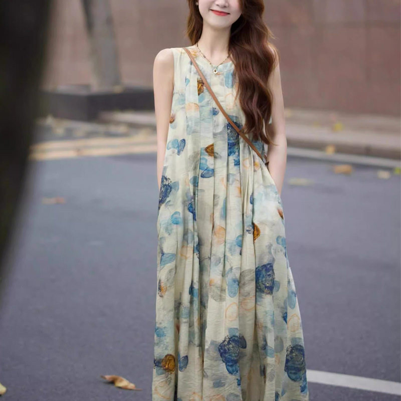 RETRO NEW CHINESE LINEN TENCEL BREATHABLE VEST SKIRT WOMENS 2024 NEW SUMMER INK PAINTING DRESS LONG SKIRT