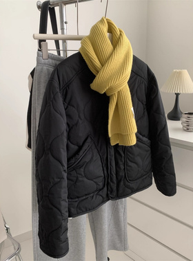 黑色菱格棉服外套女洋气复古加厚保暖夹棉长袖棉衣25冬季通勤上衣