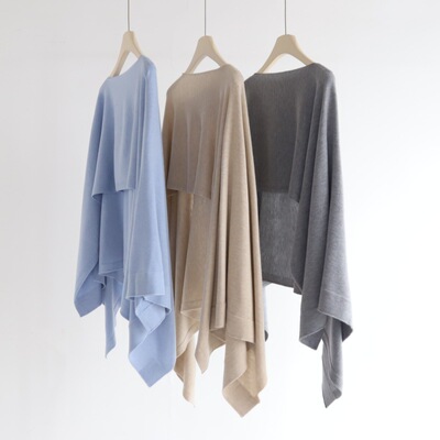 不规则前短后长无袖斗篷式针织披