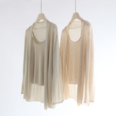 女夏季 长袖 宽松外套 老钱风无扣天丝亚麻针织开衫 无袖 背心上衣