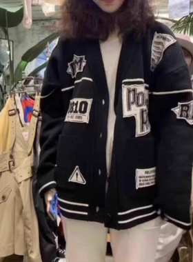 韩国东大门进口POLA ROMO时尚贴布拼接长袖针织上衣外套