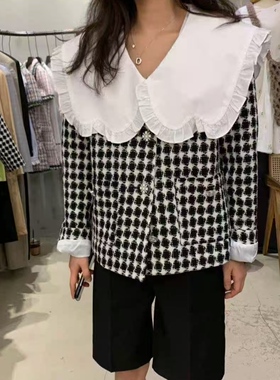 韩国东大门进口Helder时尚百搭娃娃领格子短款外套