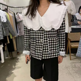 韩国东大门进口Helder时尚百搭娃娃领格子短款外套